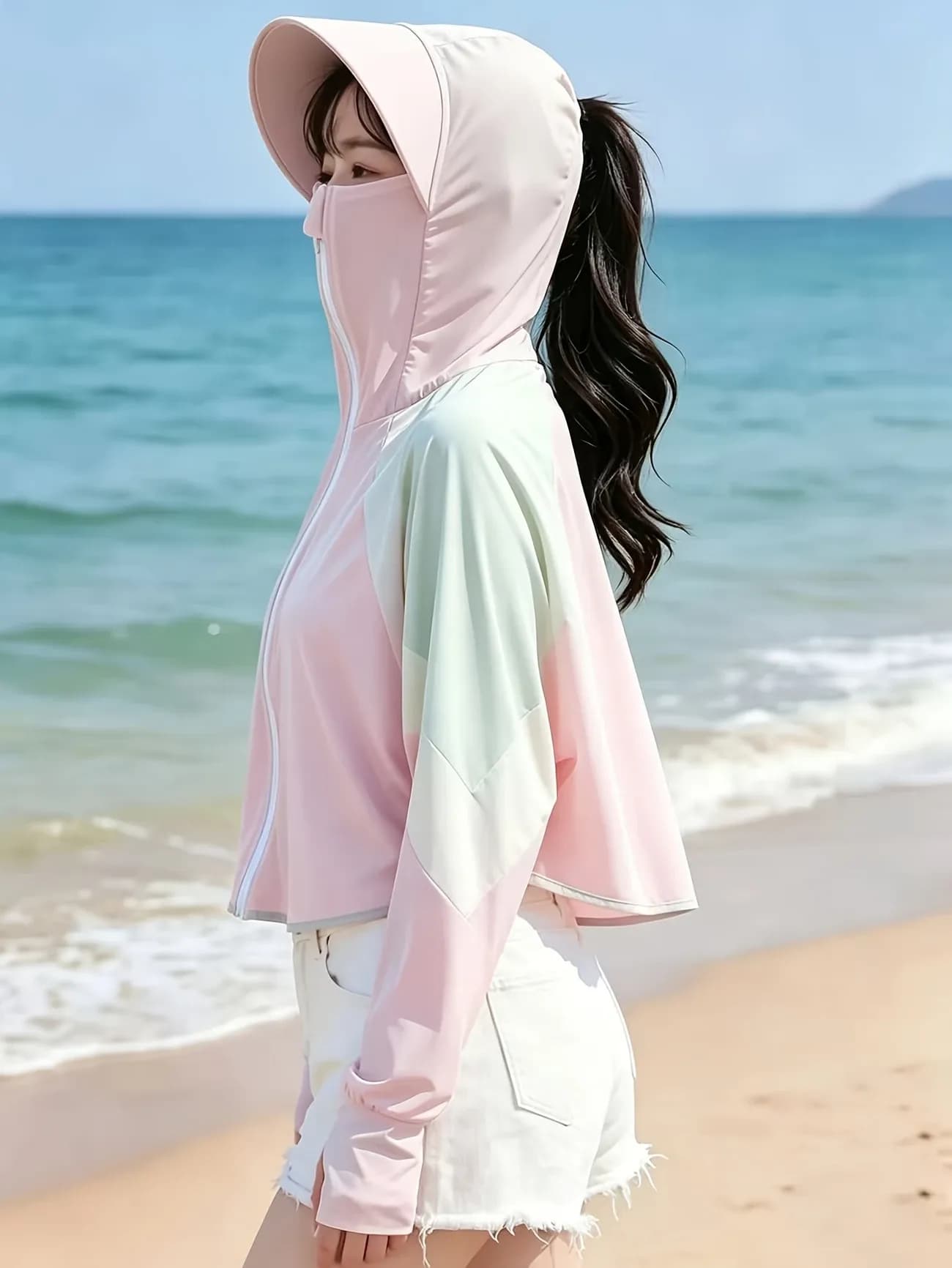 Hat Brim Sun Protection Jacket Ice Silk UV-Protective Cape Style Batwing Sleeves with Thumbholes Hooded Face Mask Lightweight Breathable White