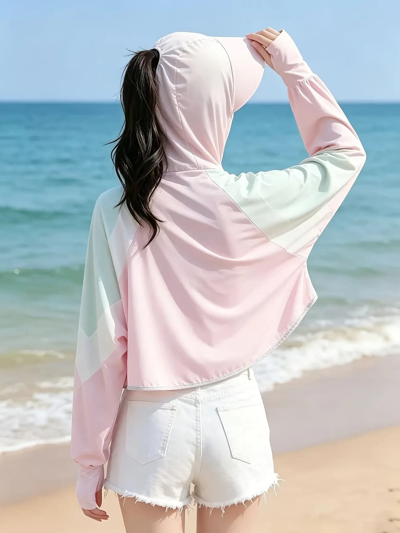 Hat Brim Sun Protection Jacket Ice Silk UV-Protective Cape Style Batwing Sleeves with Thumbholes Hooded Face Mask Lightweight Breathable White
