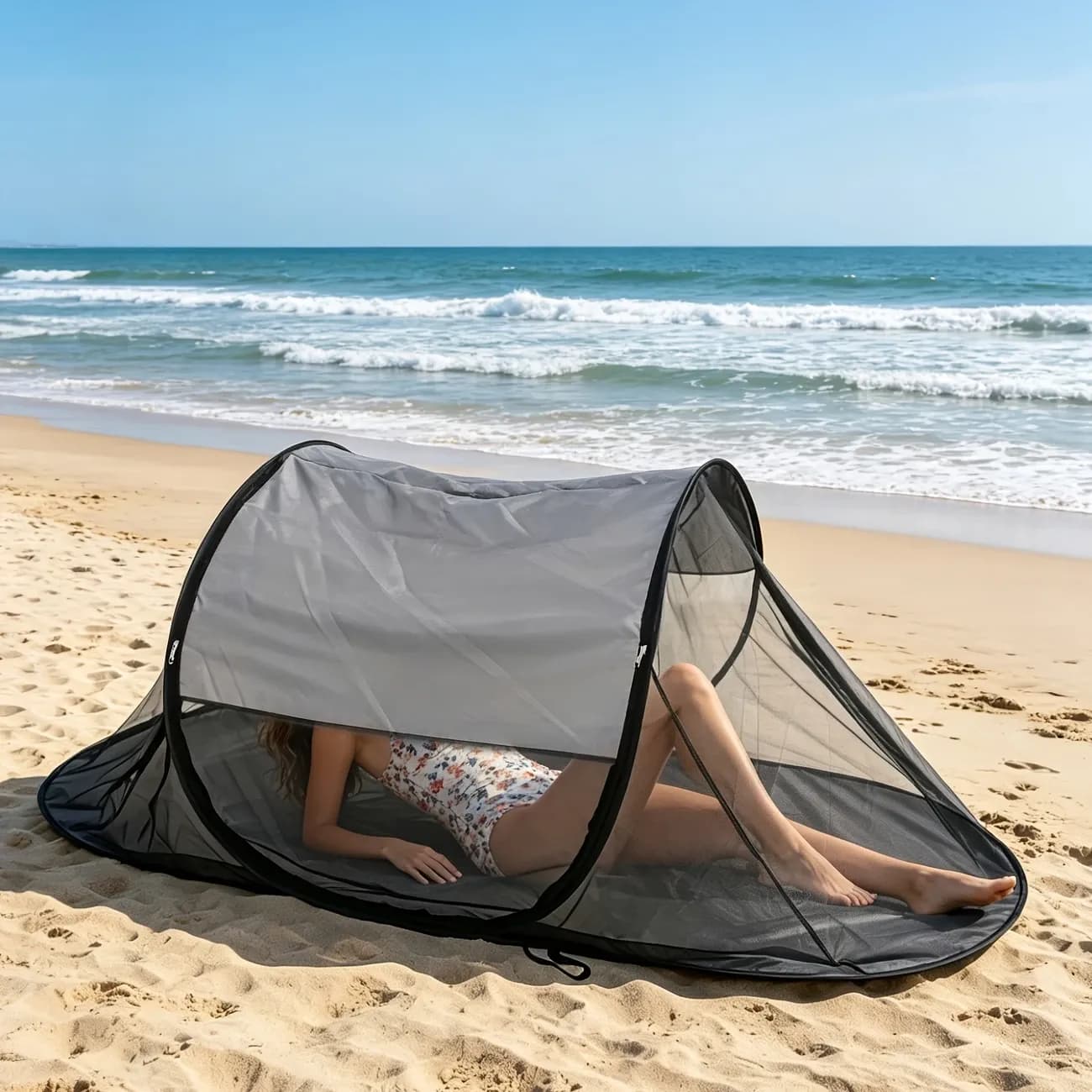 Boat-Shaped Hand-Thrown Mosquito Net with Sunshade Top, Polyester Fabric, One-Click Pop-Up No Install, Portable Folding with Bag, Breathable & Bug Proof, Perfect for Beach Camping & Bedroom Nap!(grey)