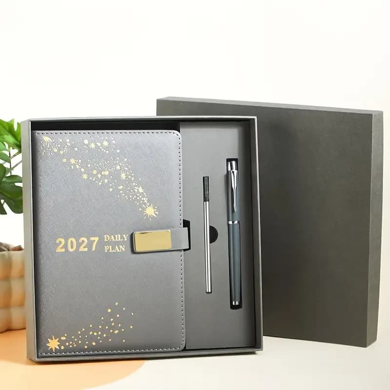 2027 Hardcover Daily Planner: Textured Faux Leather Cover, Smooth Eye-Friendly Thick Paper, Gift Box Set for Work or Gifting.GREY