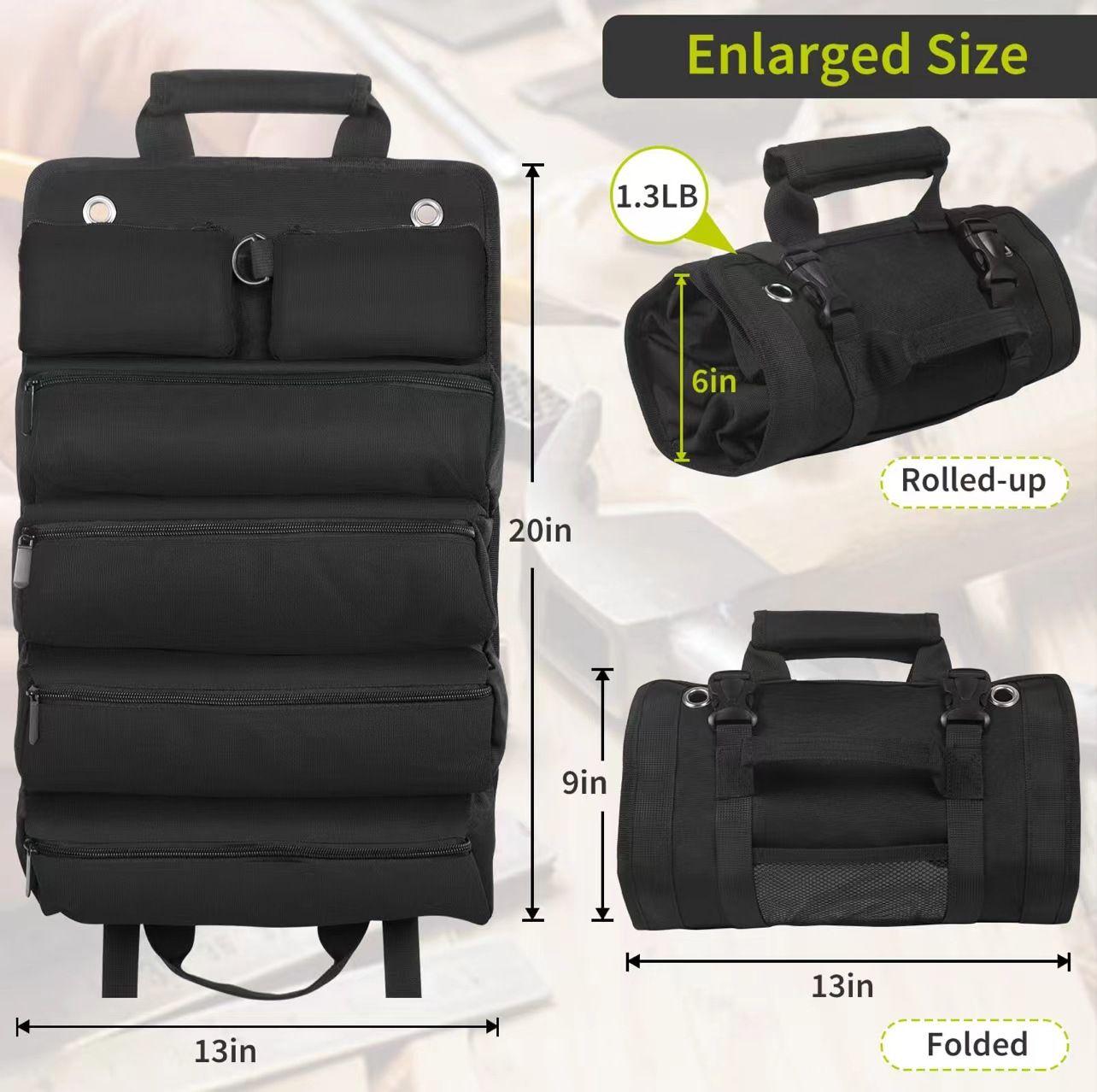 Roll Up Tool Bag Oxford Cloth, Waterproof & Heavy Duty Tool Organizer for Electricians & Carpenters, Portable Foldable Repair Pouch/black