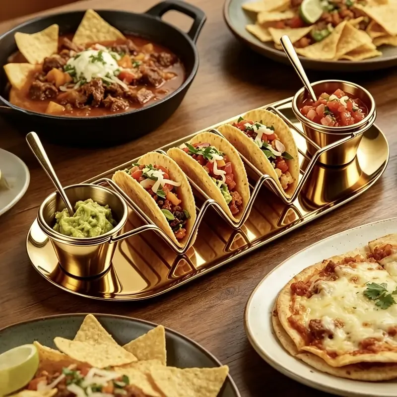 6-Piece Luxury Stainless Steel Burrito Serving Set – Polished mirror finish, complete with burrito holder, serving tray, and sauce cups. (Gold)