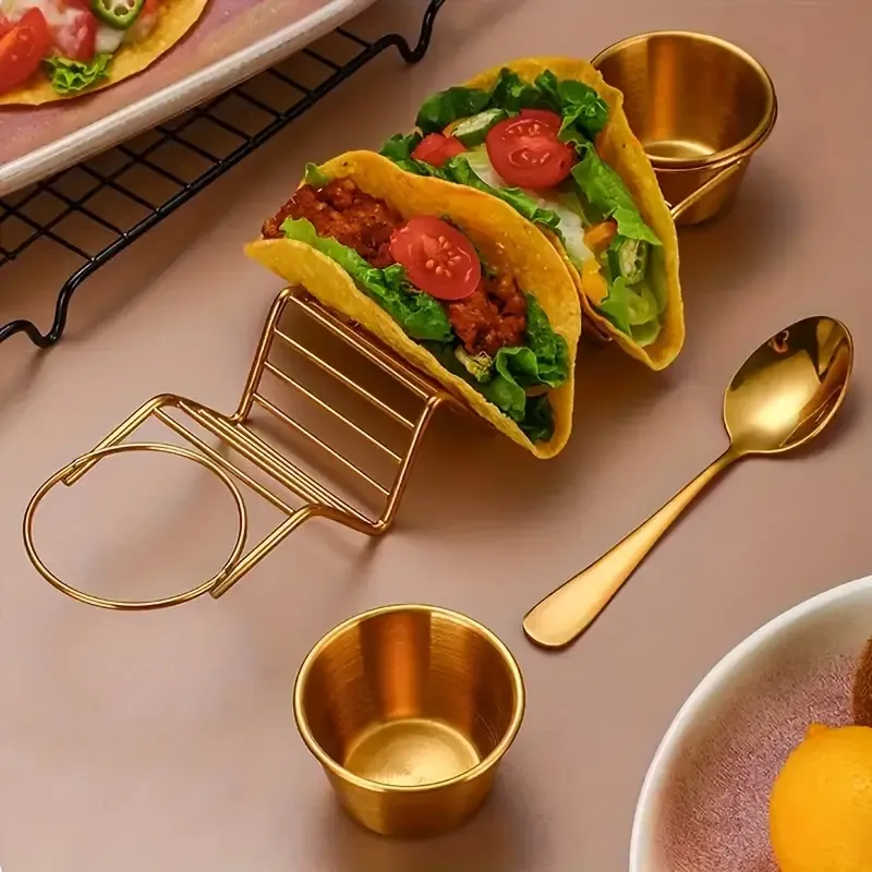 6-Piece Luxury Stainless Steel Burrito Serving Set – Polished mirror finish, complete with burrito holder, serving tray, and sauce cups. (Gold)