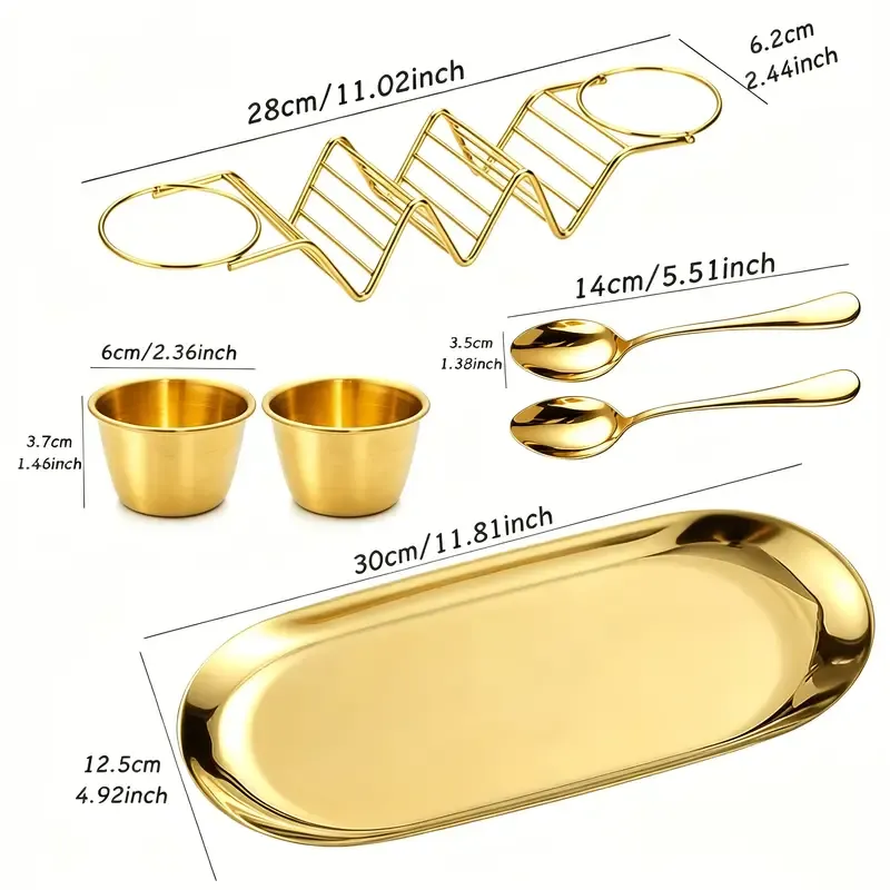 6-Piece Luxury Stainless Steel Burrito Serving Set – Polished mirror finish, complete with burrito holder, serving tray, and sauce cups. (Gold)