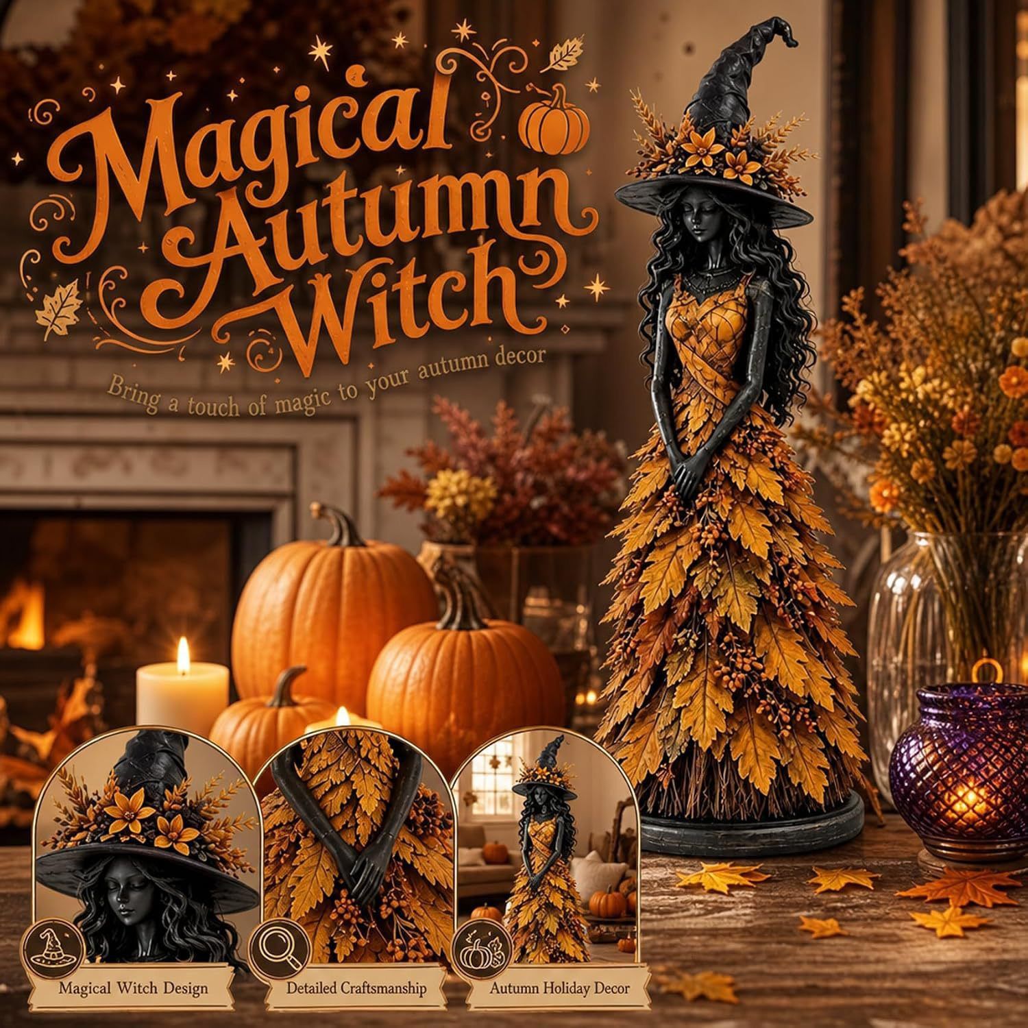 Magical Autumn Witch Resin Statue | Maple Leaf Skirt & Mysterious Pointed Hat, Exquisite Desktop Ornament, Perfect for Halloween & Thanksgiving Ambiance/orange
