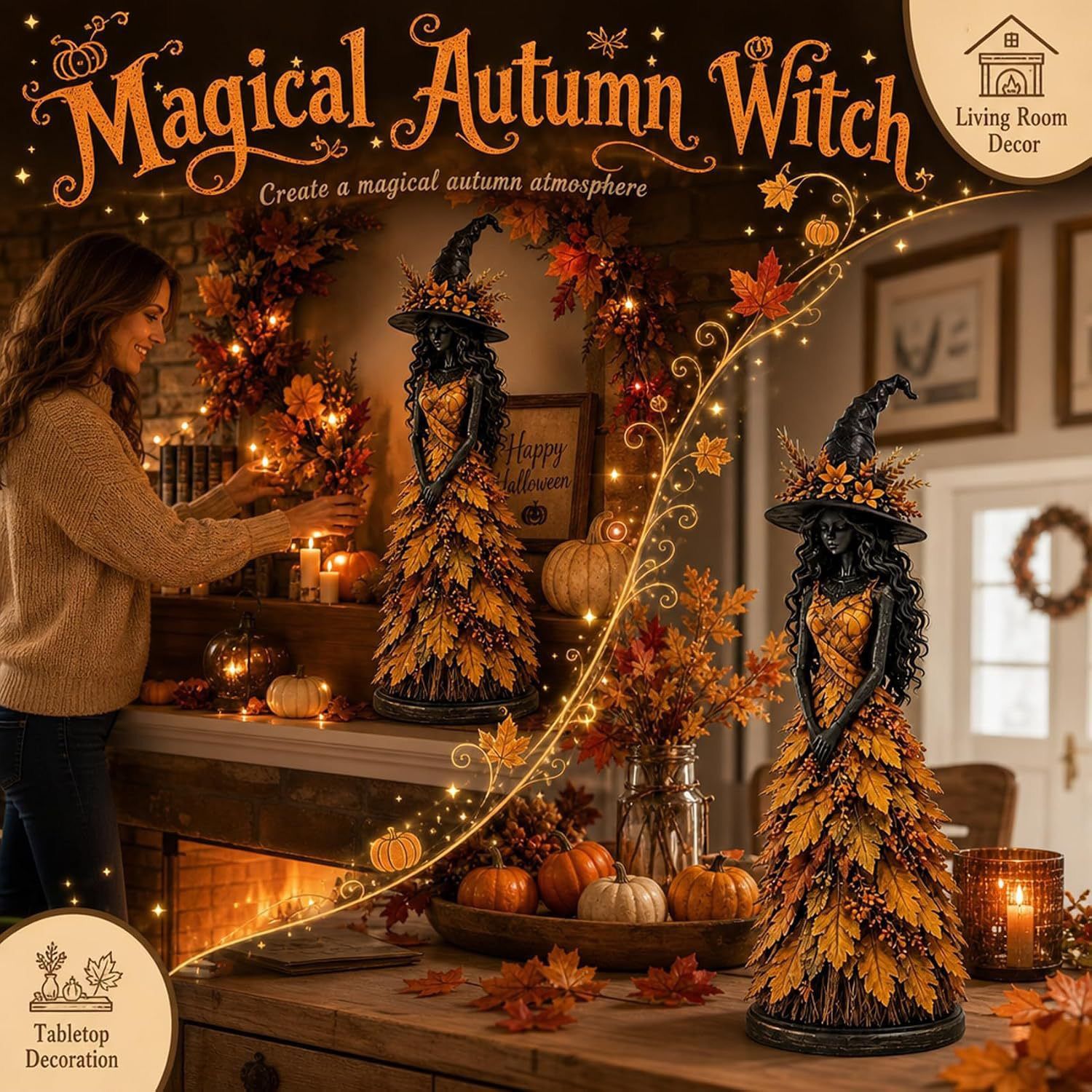 Magical Autumn Witch Resin Statue | Maple Leaf Skirt & Mysterious Pointed Hat, Exquisite Desktop Ornament, Perfect for Halloween & Thanksgiving Ambiance/orange