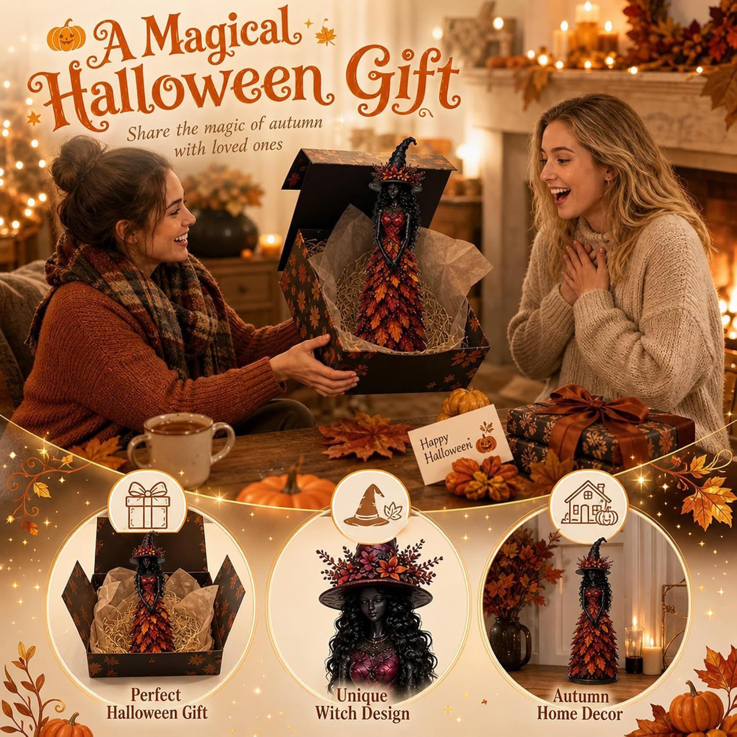 Magical Autumn Witch Resin Statue | Maple Leaf Skirt & Mysterious Pointed Hat, Exquisite Desktop Ornament, Perfect for Halloween & Thanksgiving Ambiance/orange