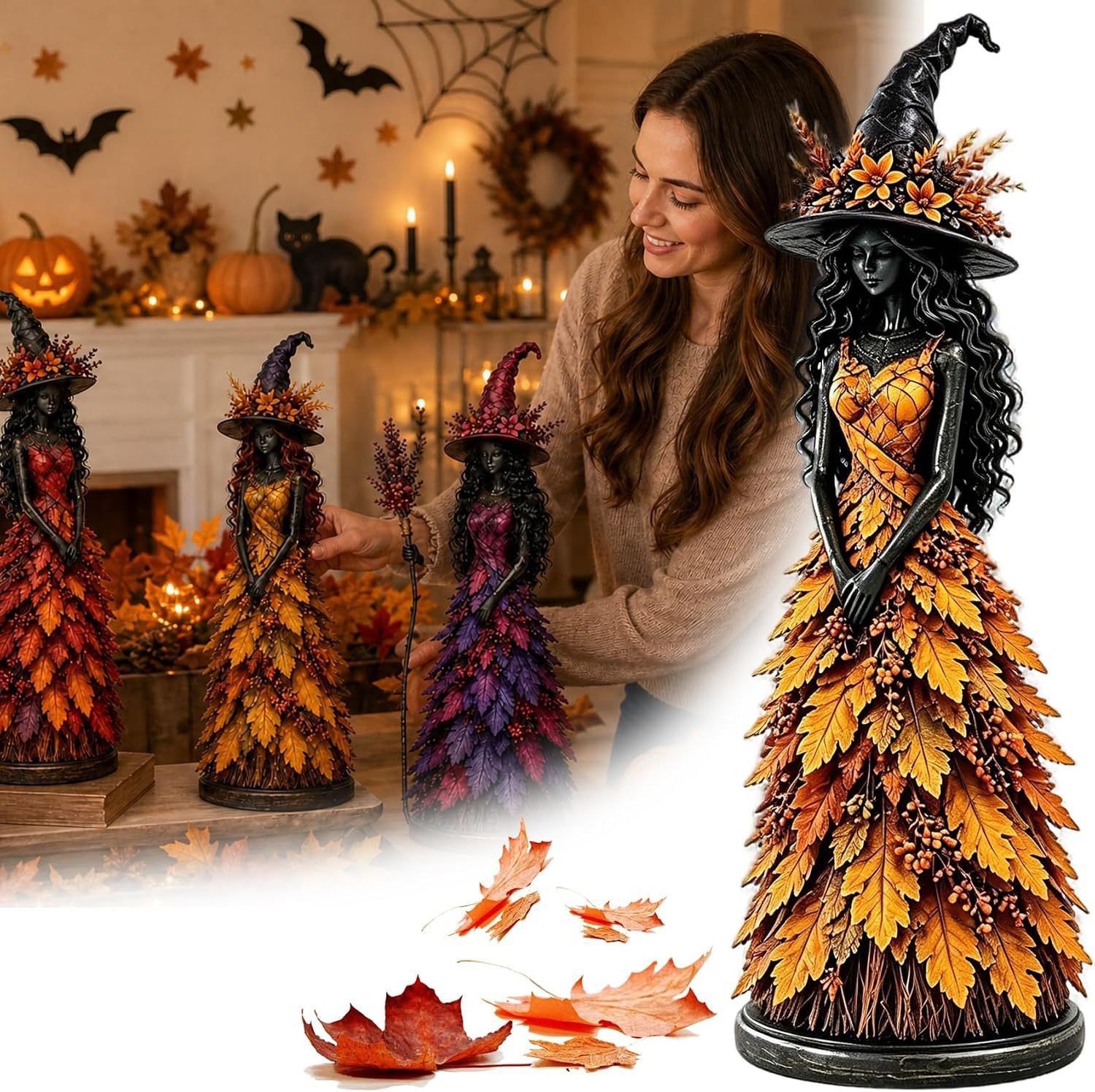 Magical Autumn Witch Resin Statue | Maple Leaf Skirt & Mysterious Pointed Hat, Exquisite Desktop Ornament, Perfect for Halloween & Thanksgiving Ambiance/orange