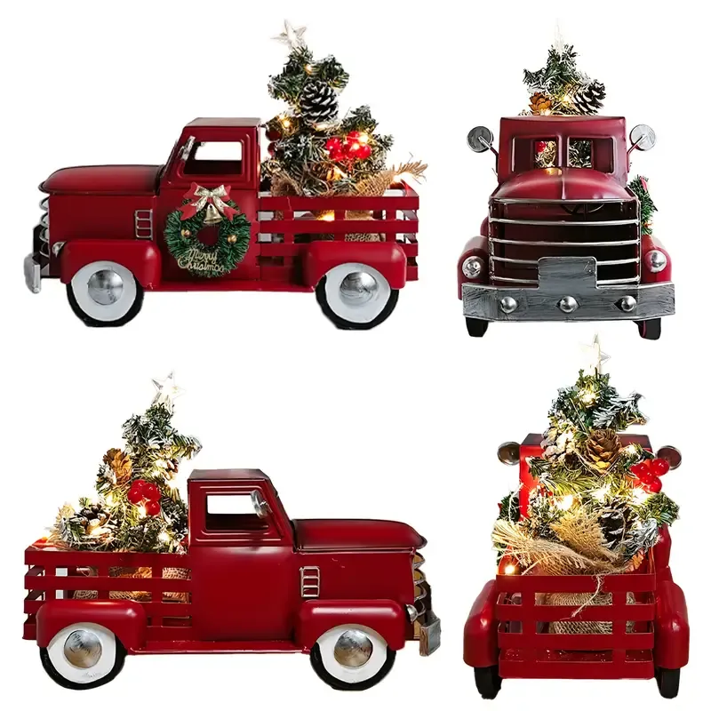 Vintage Metal Red Christmas Truck Decoration | Warm White Twinkling Lights, Carrying a Christmas Tree & Wreath, Perfect Desktop or Mantel Holiday Décor