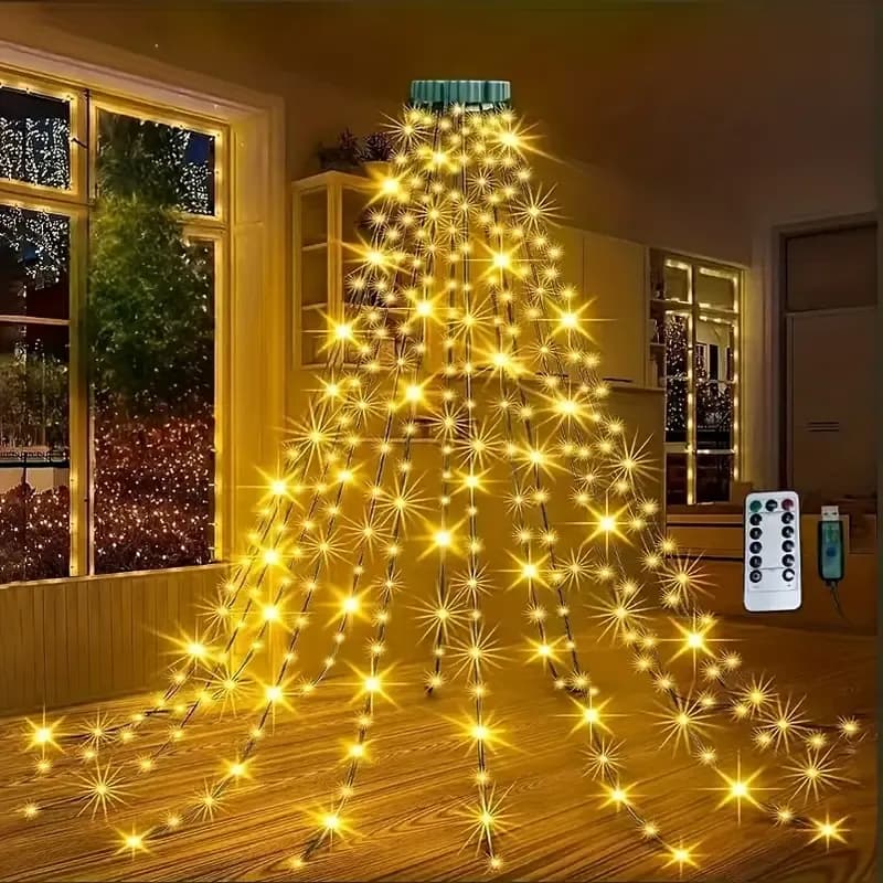 USB Remote Control Christmas Tree Waterfall String Light | Ring Hanging Tool-Free Installation, High-Density LED Starburst Effect, IP44 Waterproof, Fits 4–12ft Trees (Lengbai 2m / 400 Lights)