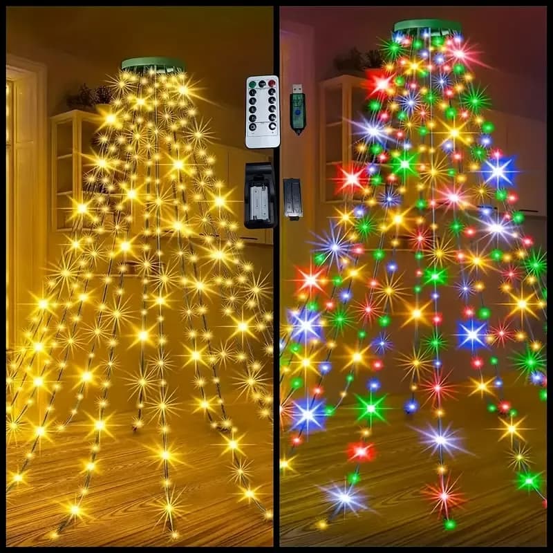 USB Remote Control Christmas Tree Waterfall String Light | Ring Hanging Tool-Free Installation, High-Density LED Starburst Effect, IP44 Waterproof, Fits 4–12ft Trees (Lengbai 2m / 400 Lights)