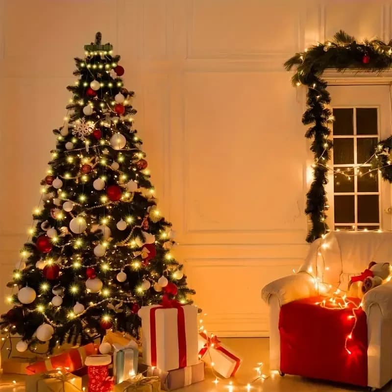 USB Remote Control Christmas Tree Waterfall String Light | Ring Hanging Tool-Free Installation, High-Density LED Starburst Effect, IP44 Waterproof, Fits 4–12ft Trees (Lengbai 2m / 400 Lights)