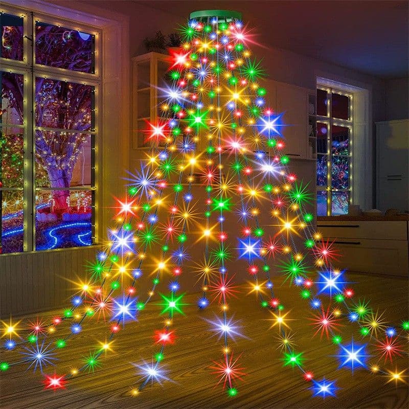 USB Remote Control Christmas Tree Waterfall String Light | Ring Hanging Tool-Free Installation, High-Density LED Starburst Effect, IP44 Waterproof, Fits 4–12ft Trees (Lengbai 2m / 400 Lights)