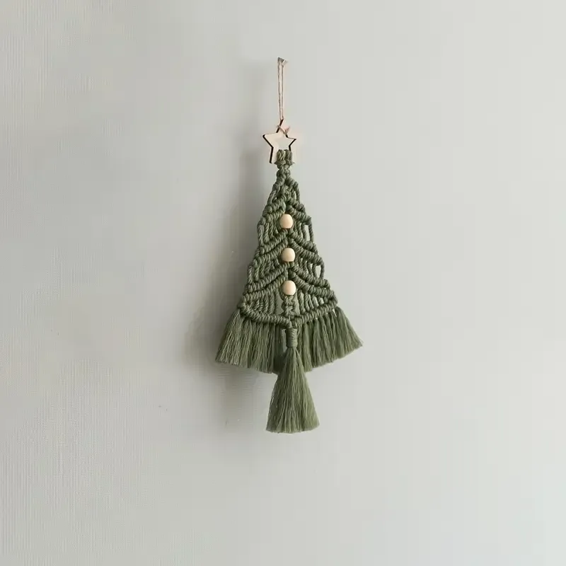 Bohemian woven Christmas tree wall hanging, handmade from pure cotton, accented with wooden beads and tassels, an artistic and healing holiday decoration. (pitch green)