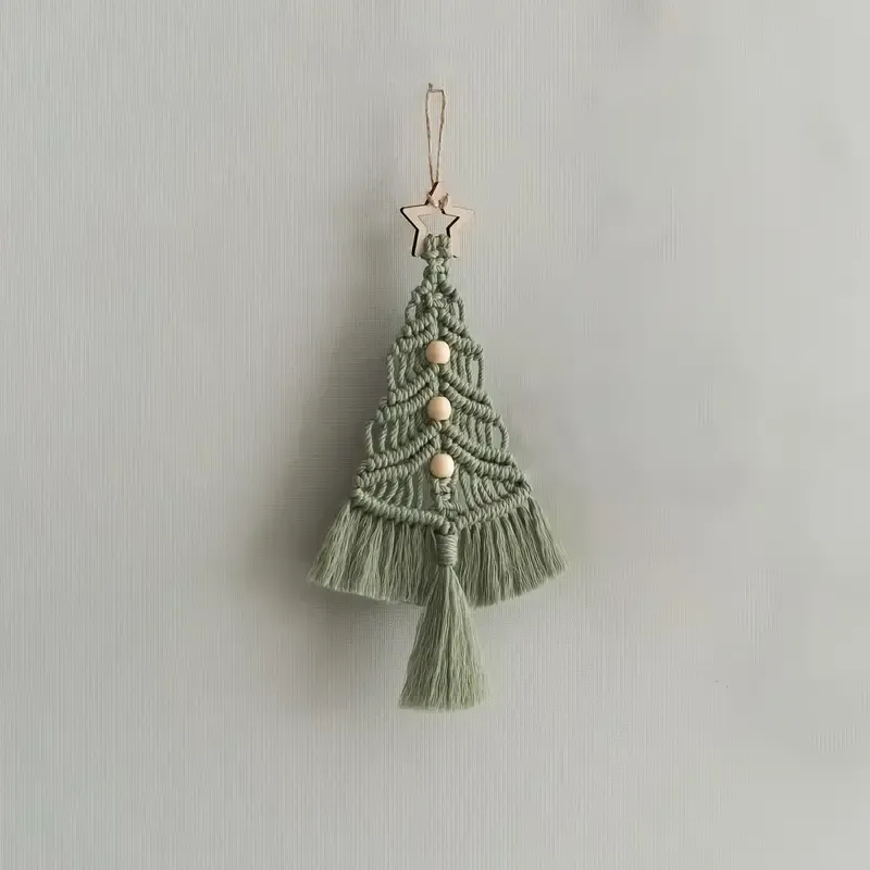 Bohemian woven Christmas tree wall hanging, handmade from pure cotton, accented with wooden beads and tassels, an artistic and healing holiday decoration. (aqua)