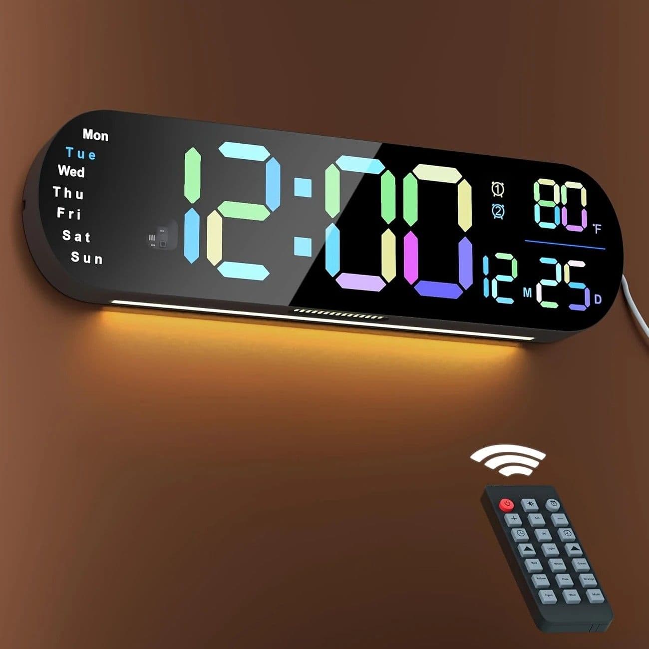 Digital LED Wall Clock Large Screen Auto Dimming 13.7 Inch Orange