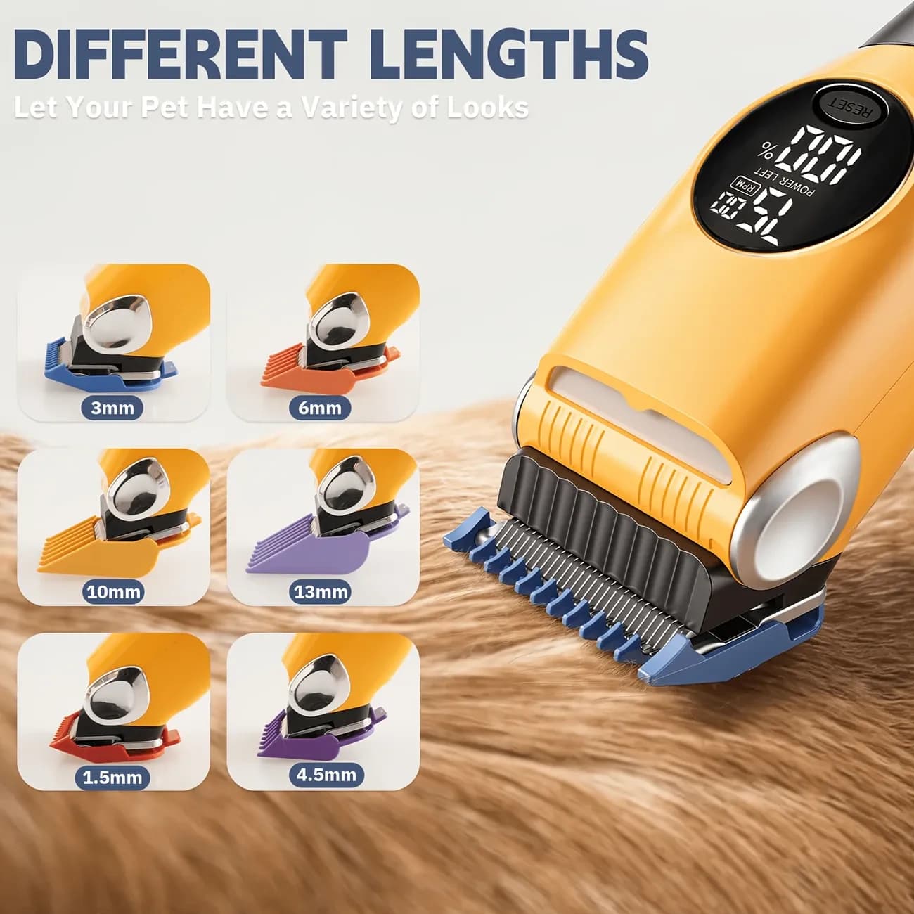 Pet Hair Clippers 3-Speed Control 33-Tooth Safety Blades LED Display Orange