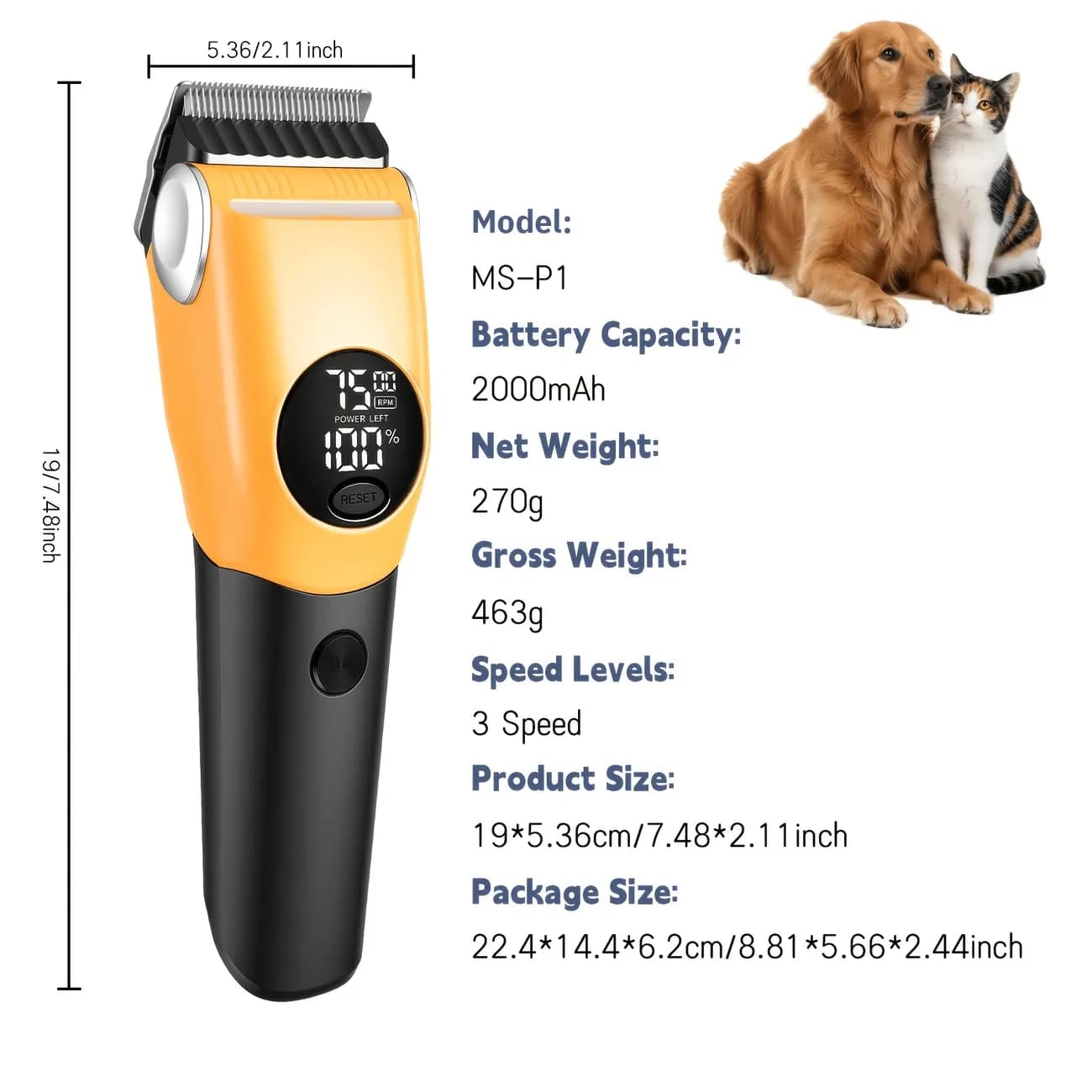 Pet Hair Clippers 3-Speed Control 33-Tooth Safety Blades LED Display Orange
