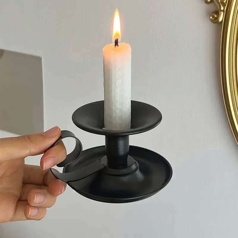 2PCS Handmade Iron Art Vintage Candle Holders, Matte Texture Lights Up Romantic Moments (BLACK)