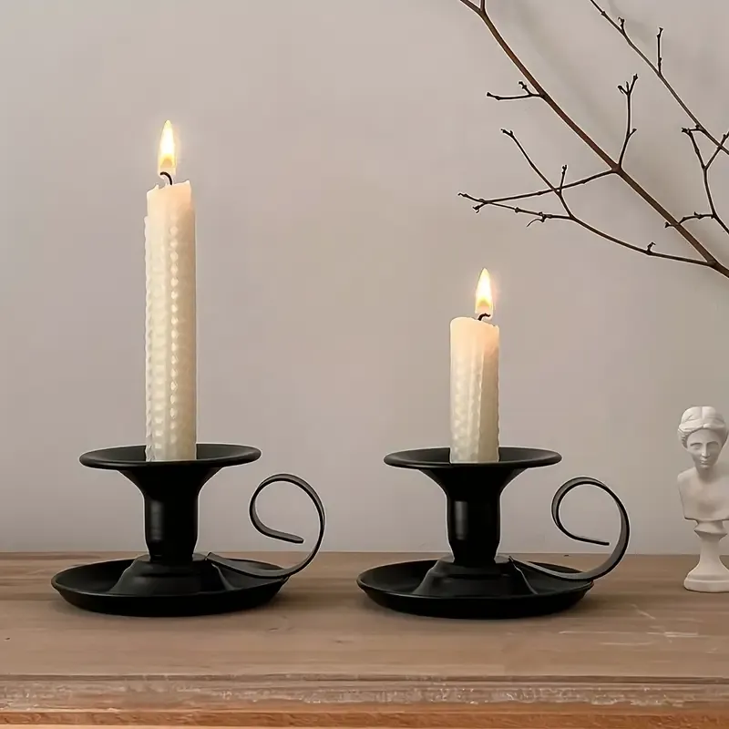 2PCS Handmade Iron Art Vintage Candle Holders, Matte Texture Lights Up Romantic Moments (BLACK)
