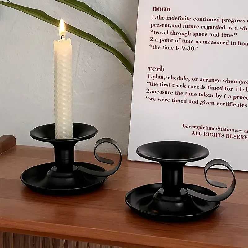 2PCS Handmade Iron Art Vintage Candle Holders, Matte Texture Lights Up Romantic Moments (BLACK)