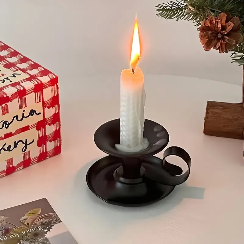 2PCS Handmade Iron Art Vintage Candle Holders, Matte Texture Lights Up Romantic Moments (BLACK)