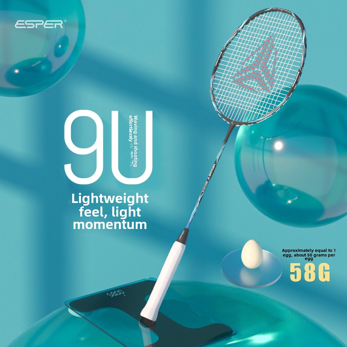 ESPER Explorer Fifth Generation Badminton Racket 58g 9U Full Carbon Fiber All-Around Fish Scale Shaft Double-Wall Inner Foaming Professional Match Training Racket(Phantom Ayabeni)