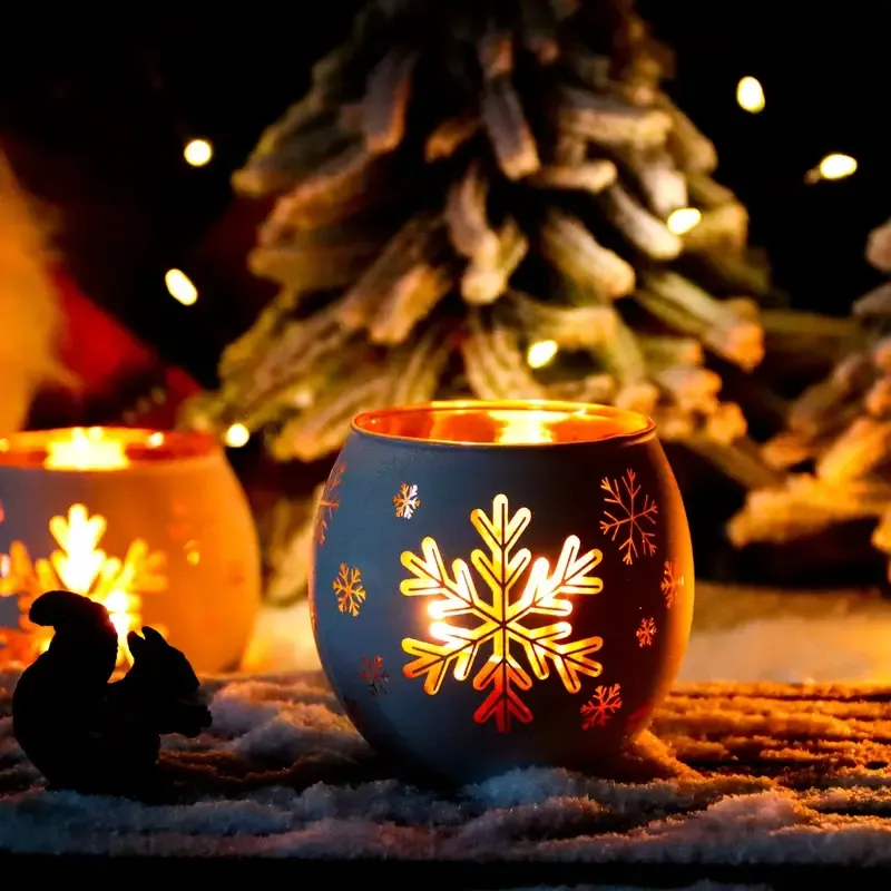2PCS Winter Snowflake Glass Candle Holders, Light Up the Romantic Atmosphere of Christmas and New Year