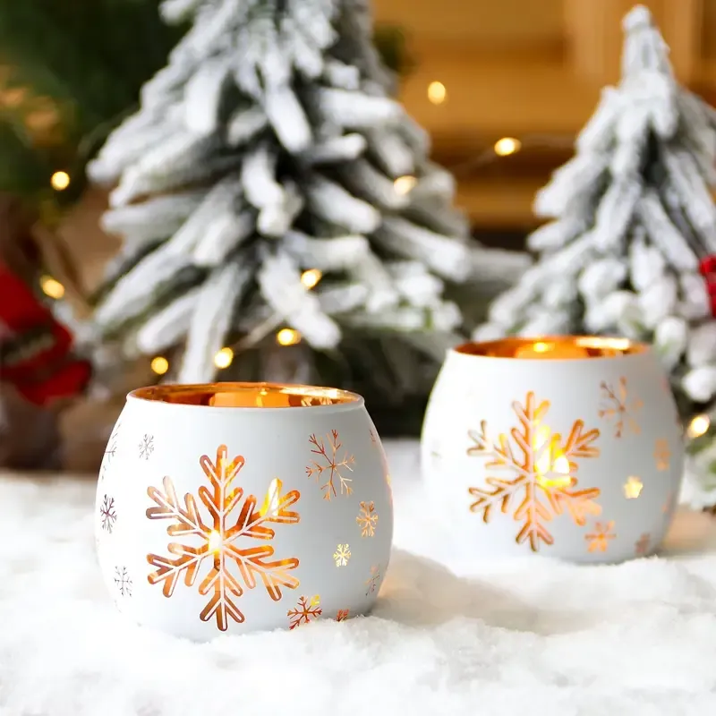 2PCS Winter Snowflake Glass Candle Holders, Light Up the Romantic Atmosphere of Christmas and New Year