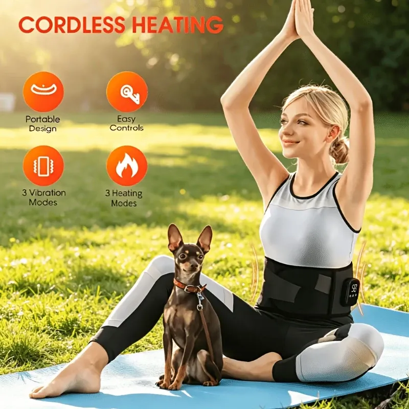 【Dual-Core Power & Red Light Heat】Wireless Heating Massage Waist Belt, 2000mAh Li-Polymer Battery USB Rechargeable, 3 Heat Levels & Dual Motor Vibration Massage, Breathable Mesh Fabric, Cordless Design, Adjustable Strap(black)