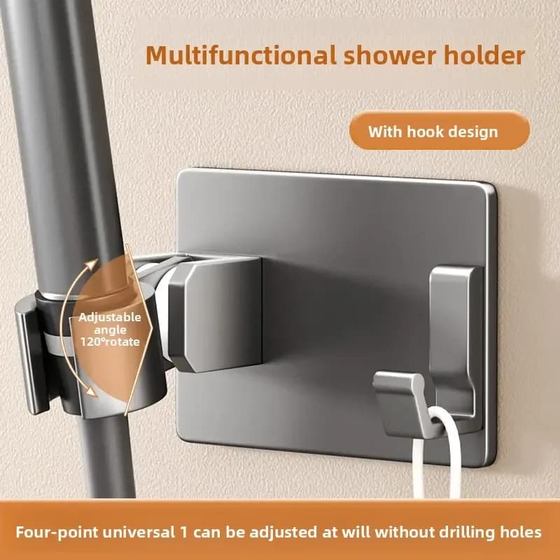 Aluminum alloy no-drill shower holder, strong suction, swivel adjustment multi-function hook, practical bathroom essential. //Elegant black