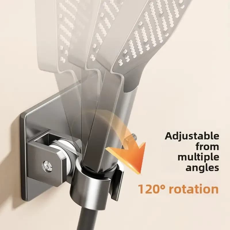 Aluminum alloy no-drill shower holder, strong suction, swivel adjustment multi-function hook, practical bathroom essential. //Elegant black