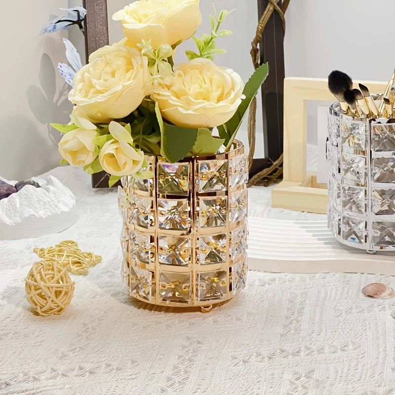 1 piece crystal pen holder, round creative desktop makeup brush storage box, polished cast iron metal art decorative display piece, lightweight and desktop style.golden
