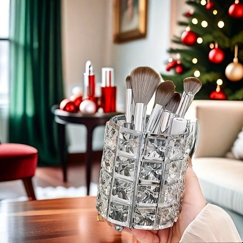 1 piece crystal pen holder, round creative desktop makeup brush storage box, polished cast iron metal art decorative display piece, lightweight and desktop style.golden
