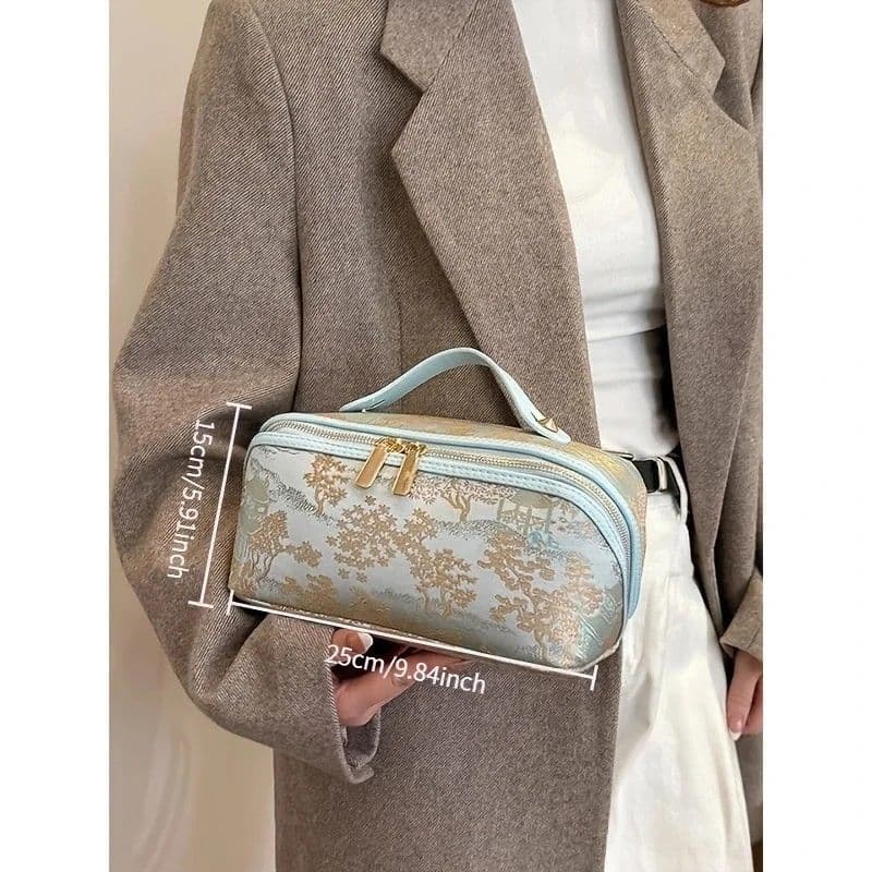 Vintage-Style Makeup Bag Large-Capacity Portable Hand-Wash Toiletry Bag Cosmetic Organizer for Travel and Daily Outings Blue
