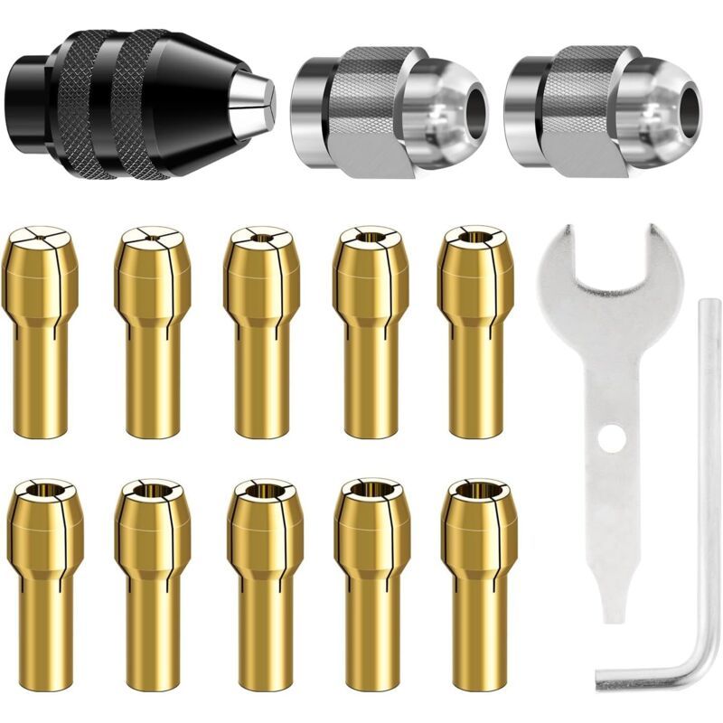 15 Pcs Dremel Compatible Chuck Rotary Tool Accessories to Replacement 4486 Quick Change Chuck Replacement 4485 Brass Collet Metal Nut, 0.8mm, 3.2mm