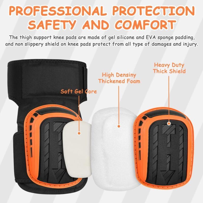 Work Knee Pads Construction, Knee Pads with Robust Foam Padding and Gel Cushion Extended Thigh Strap and Adjustable Clips for Gardening