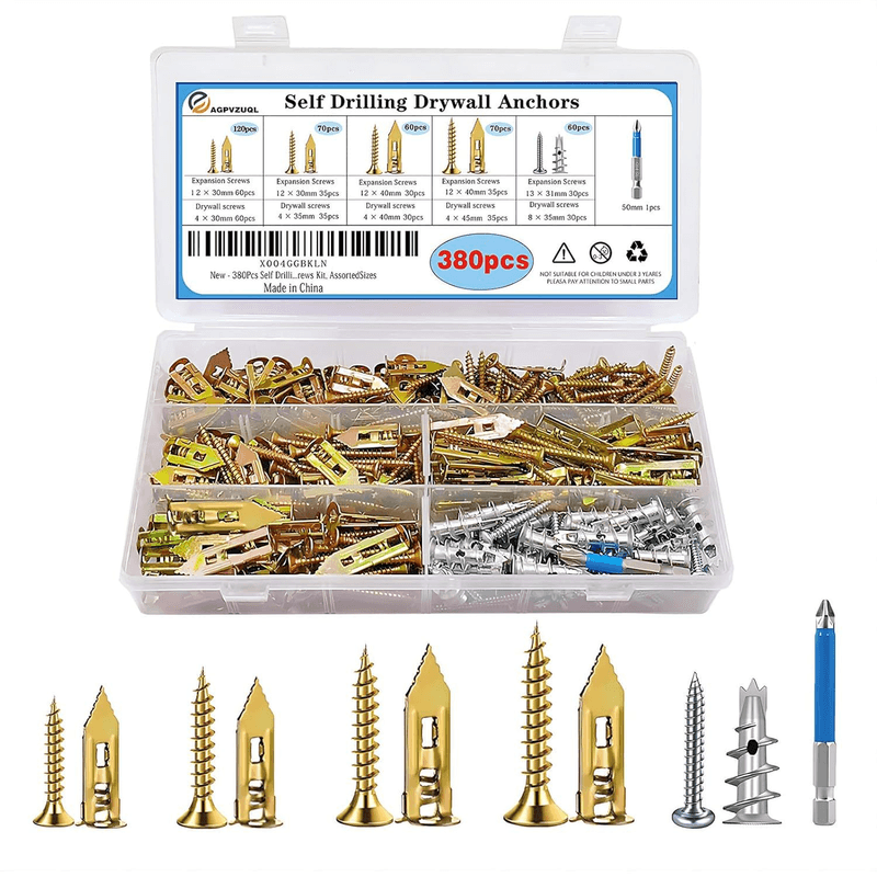 380 Pcs Self-Drilling Wall Anchors and Screw Kit Drywall Fixing Anchors Repair Tools Fasteners for Mounting Furniture on Moist Drywall