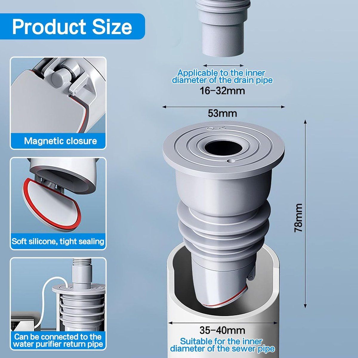 2 Piece Universal Washing Machine Drain Stopper Set, Anti Odor, 35 to 40 mm