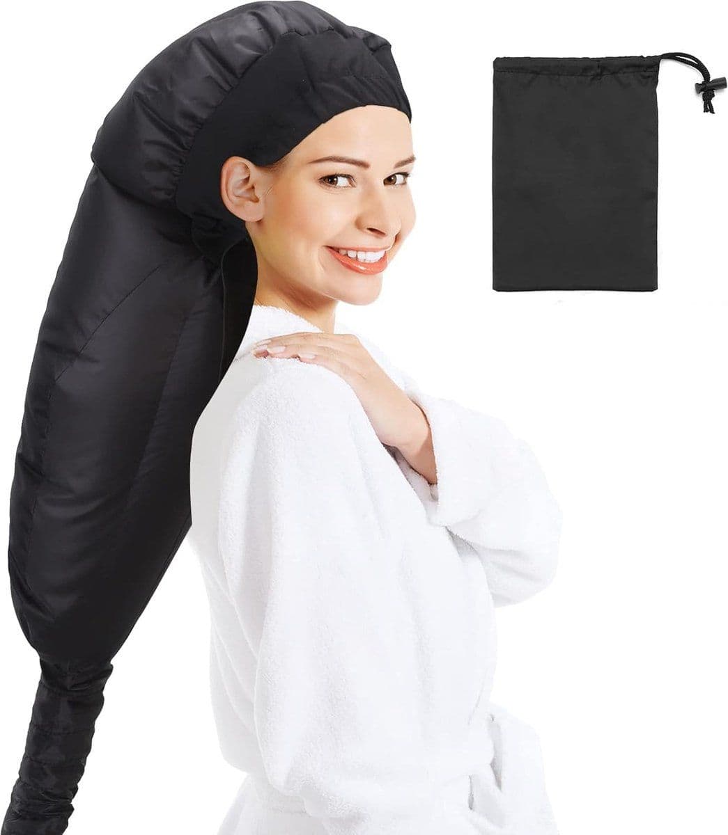 Black Hooded Hair Dryer Cap with Elastic Band, Adjustable for Curls and Deep Conditioning