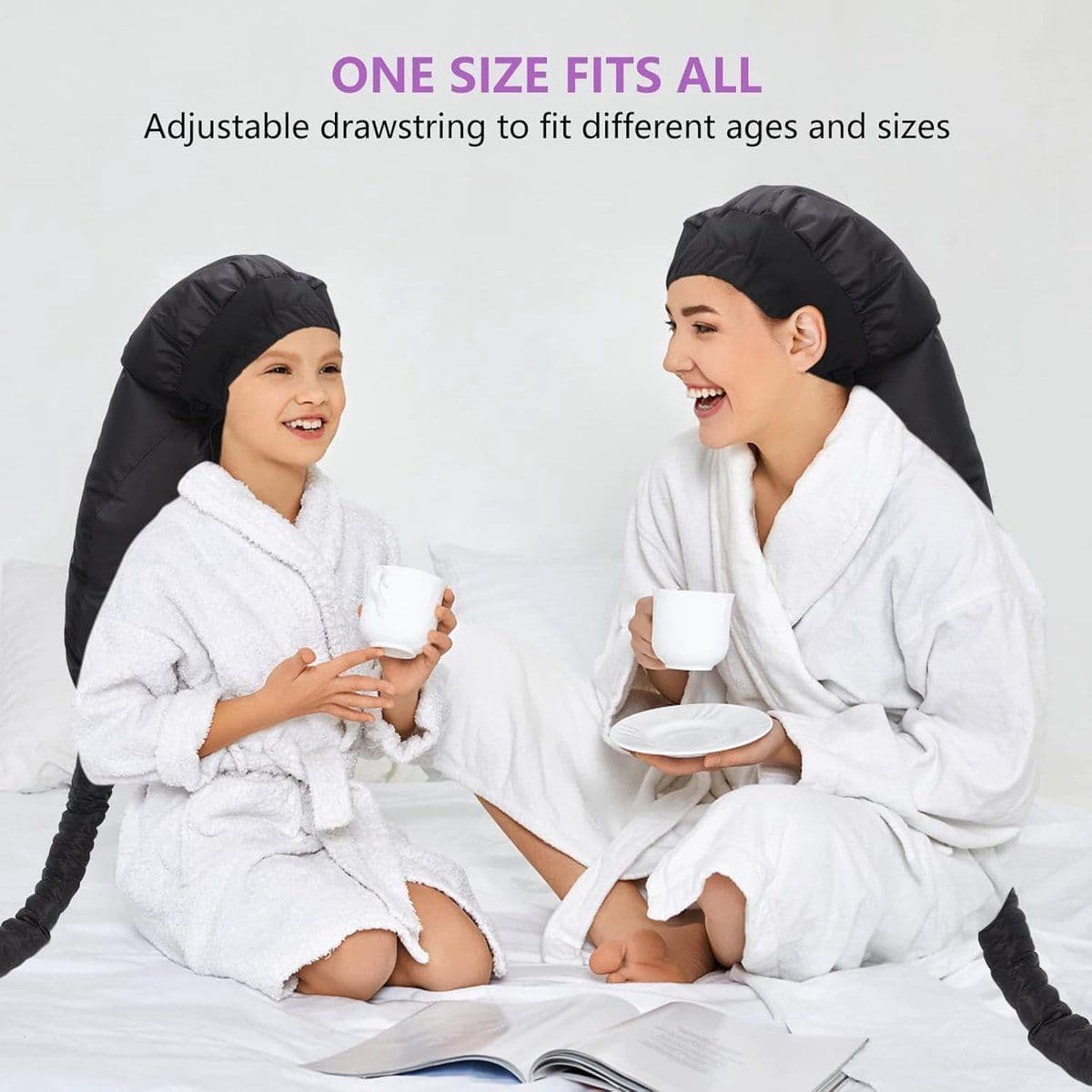 Black Hooded Hair Dryer Cap with Elastic Band, Adjustable for Curls and Deep Conditioning