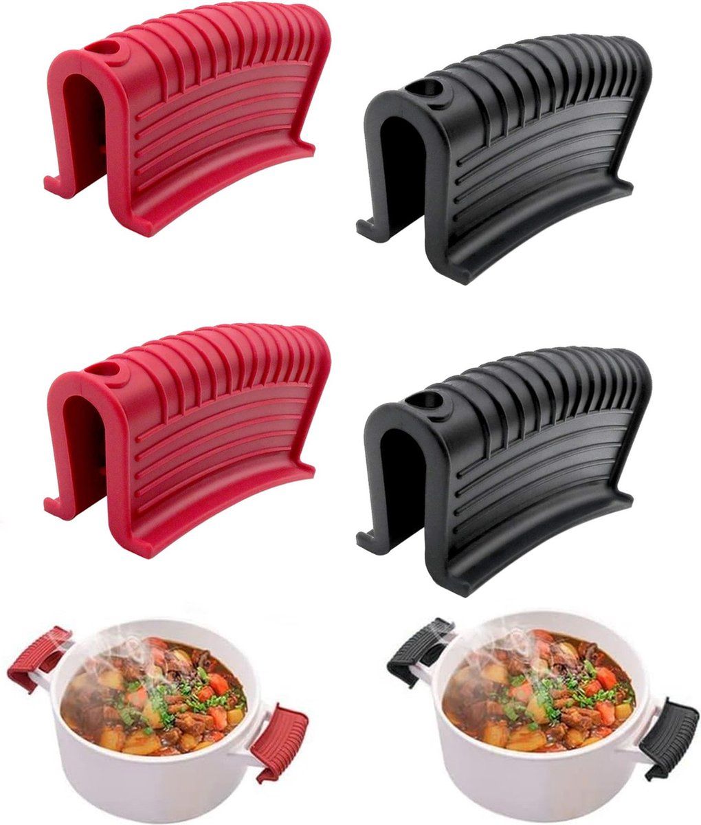 2 Pair Silicone Handle Holders for Cast Iron and Frying Pans, Black and Red