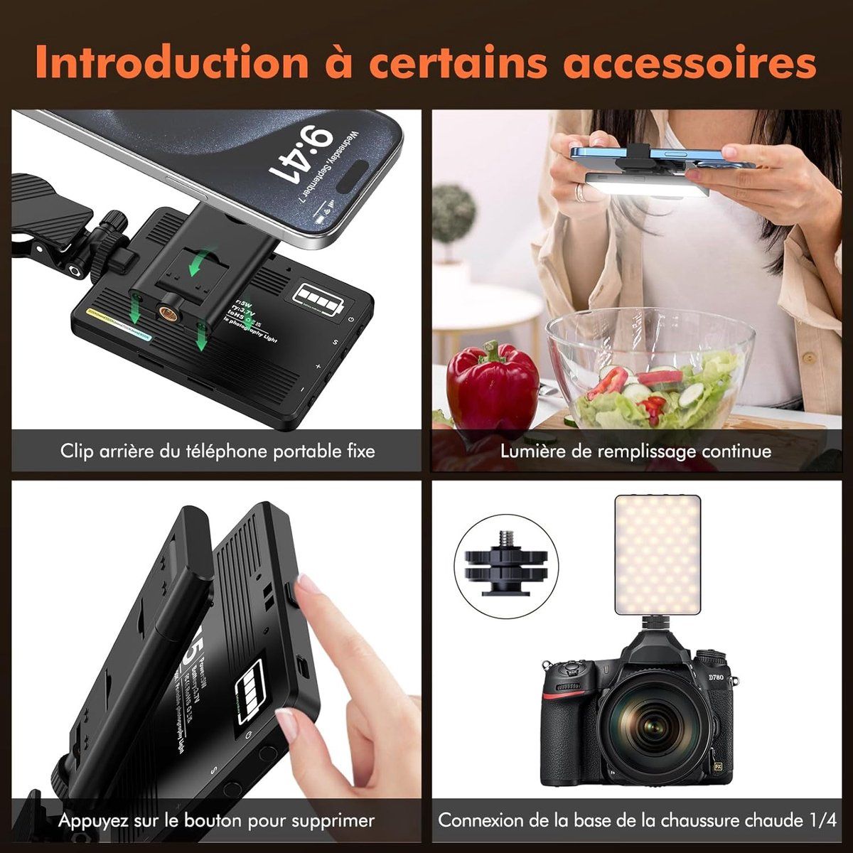 LED Selfie Light with Clip for Video and Photography, 72 LEDs, 3000 to 9900 K