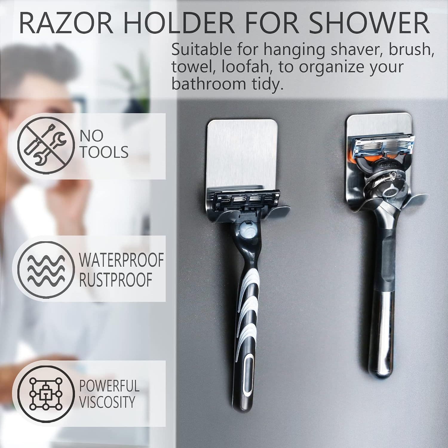 4 Piece Silver Stainless Steel Razor Holder Set for Shower and Bathroom, Waterproof Self Adhesive Hooks