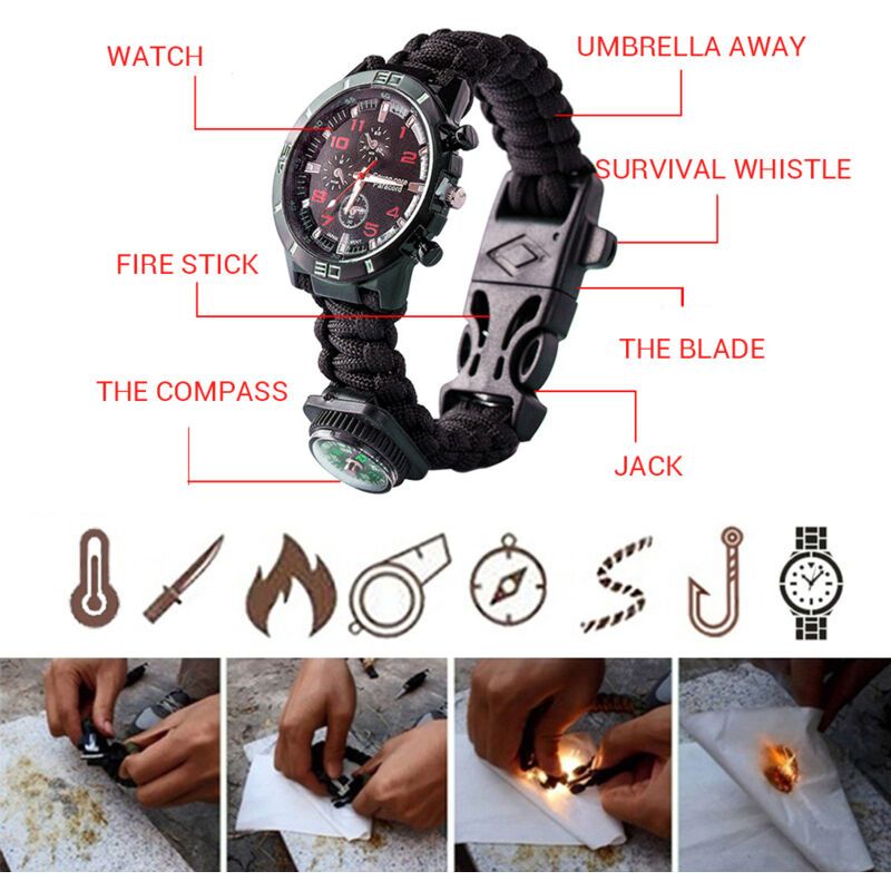 Outdoor Camping Survival Watch Multifunctional Bracelet Compass Rope Whistle Paracord Bracelet Tool Kit