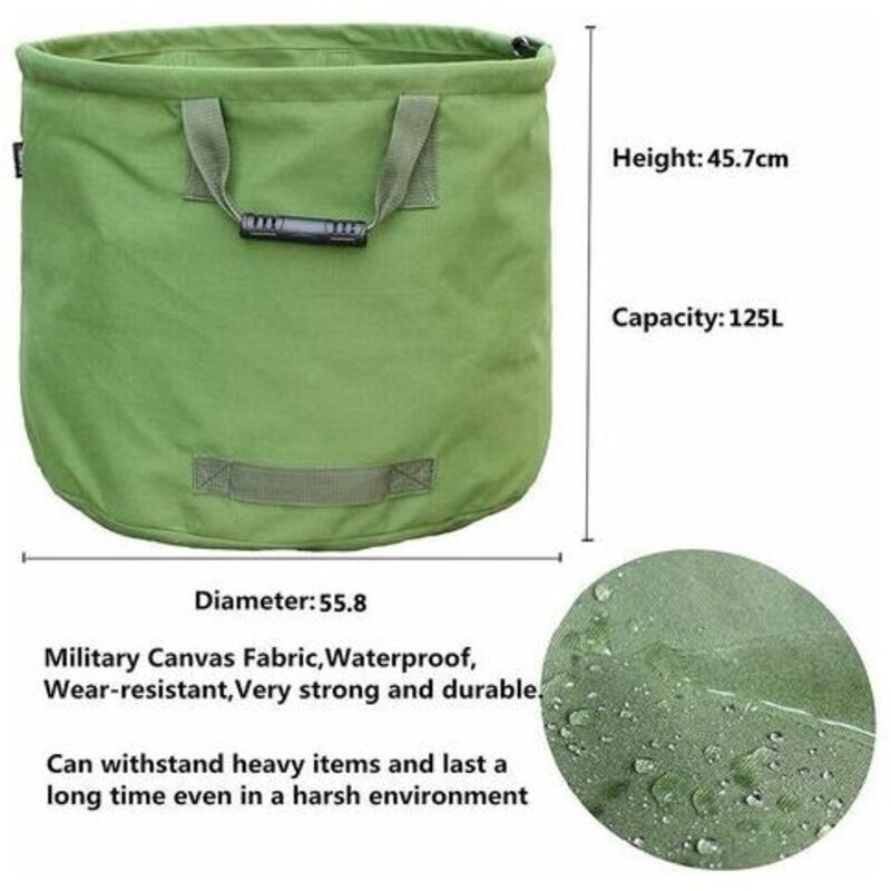 Extra-Strong Gardening Bag with Handles, Green Leaf Collection Bag with Military Canvas, H 45.7 cm, D 55.8 cm, 125 L