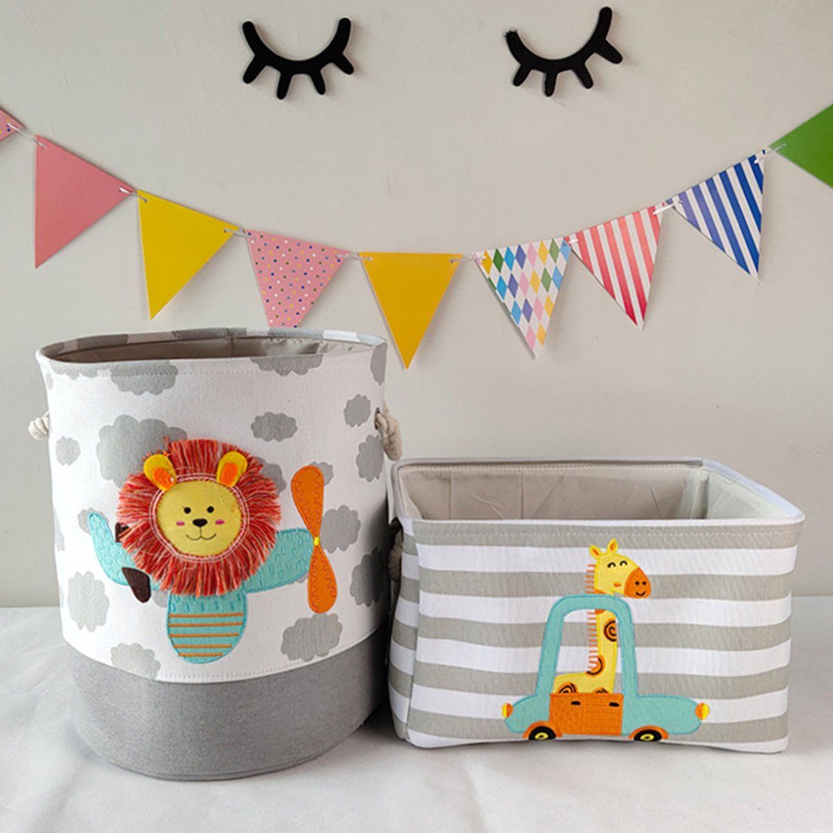 Kids Toy Storage Basket With 3D Lion, Foldable Cotton Canvas Laundry Hamper With Drawstring And Handles For Nursery, 35 x 40 cm