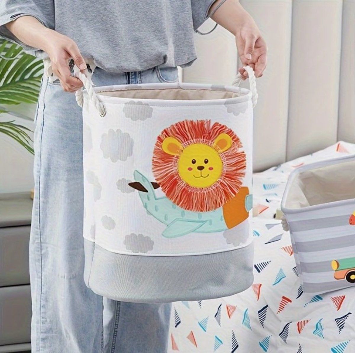 Kids Toy Storage Basket With 3D Lion, Foldable Cotton Canvas Laundry Hamper With Drawstring And Handles For Nursery, 35 x 40 cm