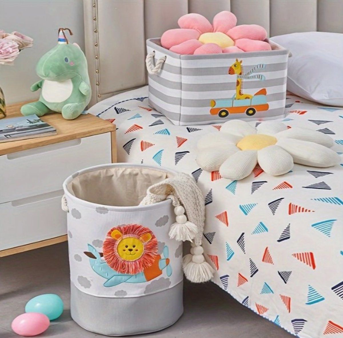 Kids Toy Storage Basket With 3D Lion, Foldable Cotton Canvas Laundry Hamper With Drawstring And Handles For Nursery, 35 x 40 cm