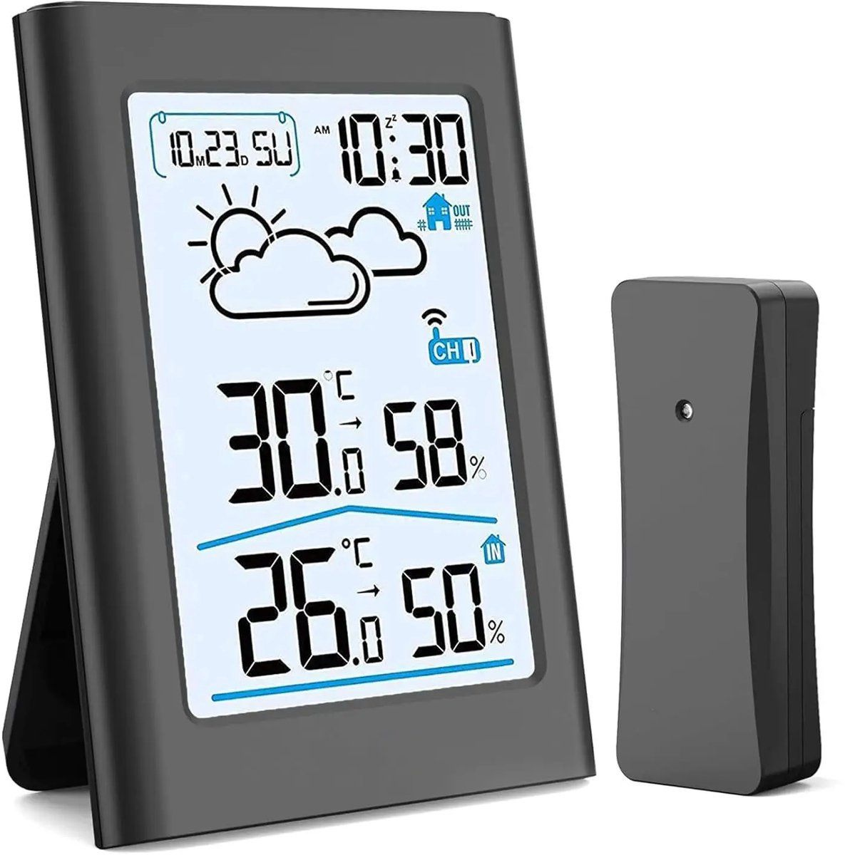 Wireless Indoor Outdoor Weather Station With Outdoor Sensor Thermometer Hygrometer Forecast Clock Alarm For Home School Patio Black, 100 m